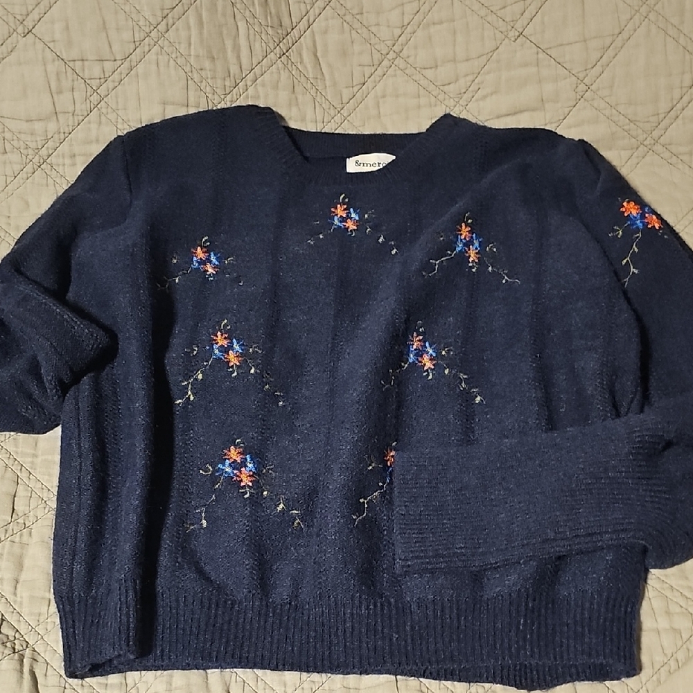 Floral Embroidered Navy Sweater